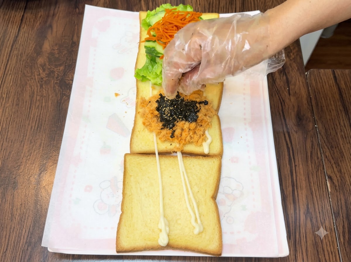 Una mano esparciendo migas de algas marinas tostadas oscuras y semillas de sésamo sobre una capa de floss de carne en una rebanada de pan tostado.