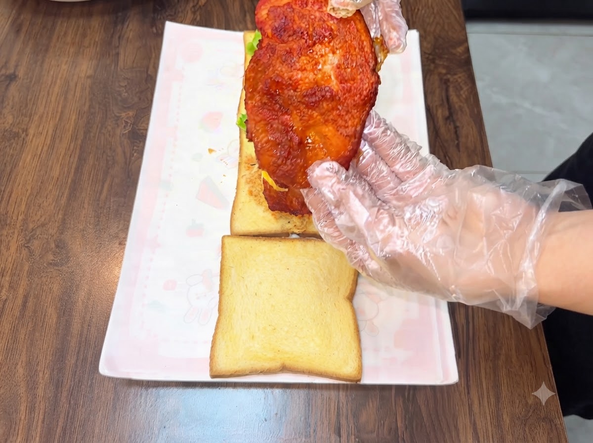 Una mano con guante sosteniendo y posicionando una segunda milanesa de pollo frita sobre las capas del sándwich.
