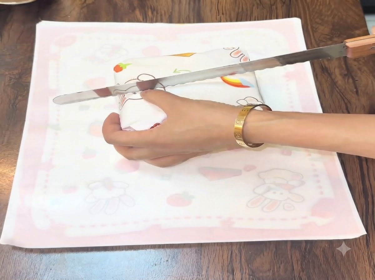 Un cuchillo largo de sierra para pan cortando limpiamente a través de un sándwich envuelto de forma segura sobre una esterilla.
