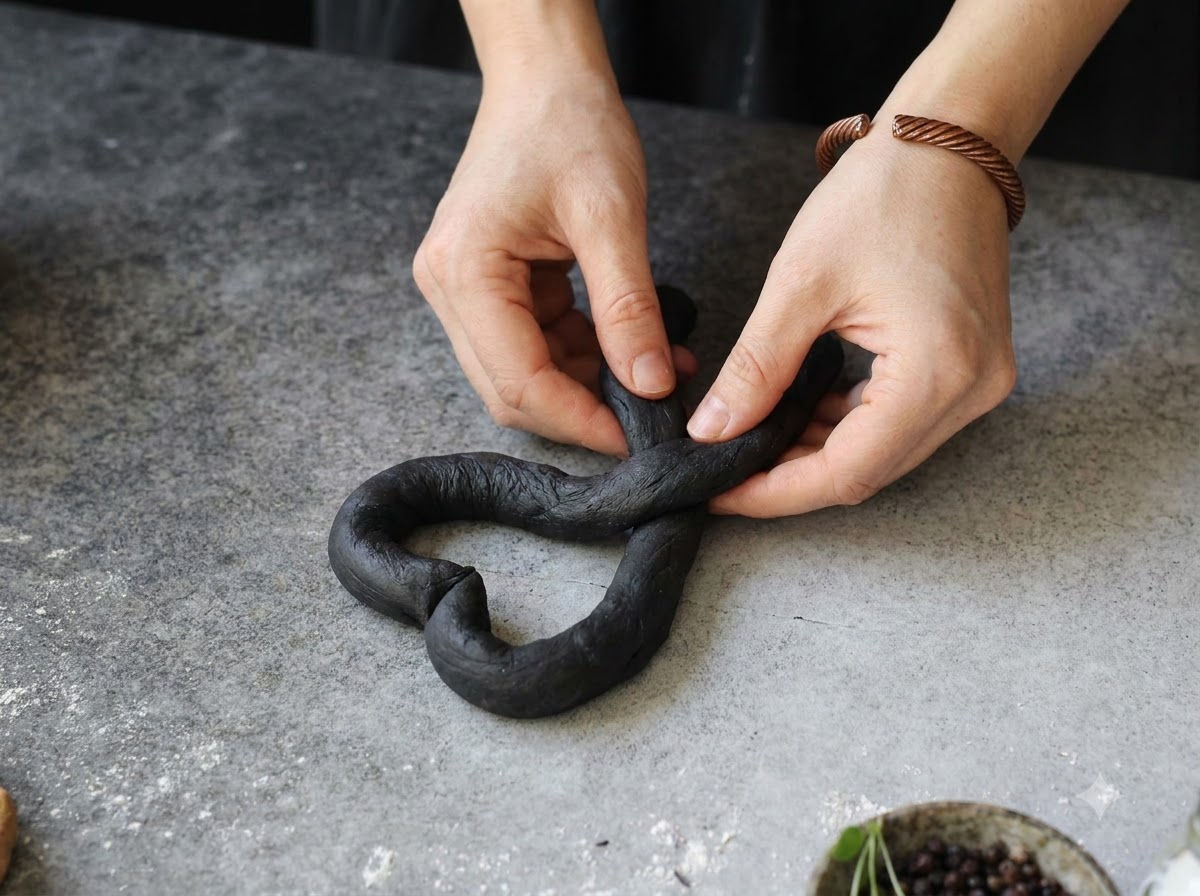 Manos retorciendo y trencenando masa de color negro oscuro sobre una encimera de piedra.