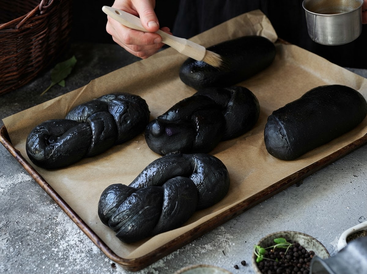 Bollos de pan negro trenzados sobre una bandeja de horno mientras se pintan con huevo batido usando una brocha de repostería de madera.