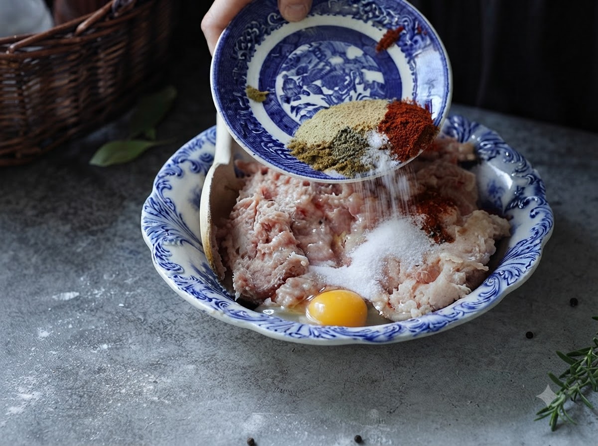 Especias y un huevo agrietado vertiéndose desde un plato pequeño decorativo hacia un bol grande lleno de pollo picado.
