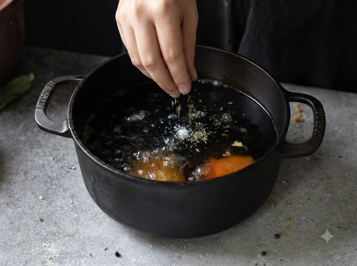 Una mano esparciendo hierbas y condimentos sobre aceite caliente burbujeando dentro de una olla de hierro fundido negro.