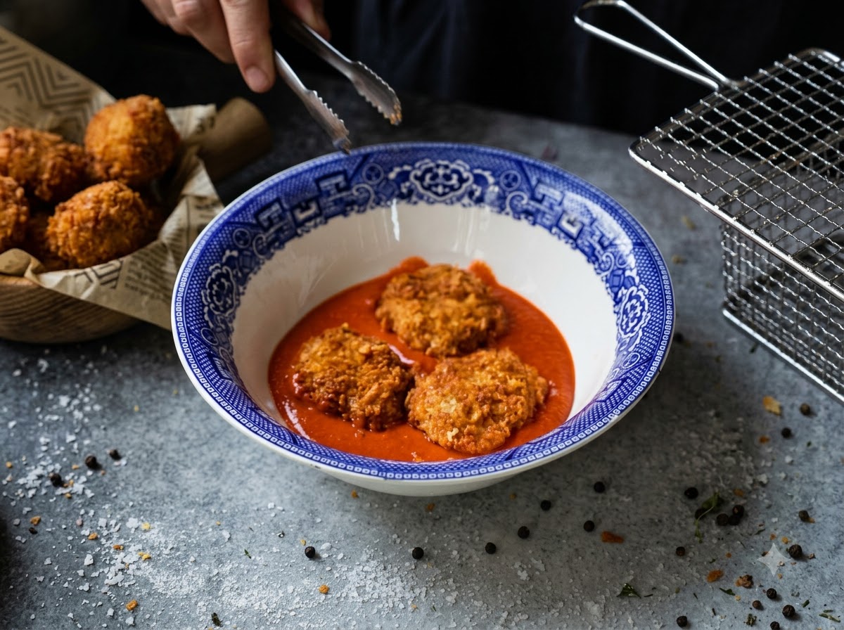 Porciones de pollo frito siendo mezcladas en salsa buffalo de color rojo brillante dentro de un bol con motivos azules.