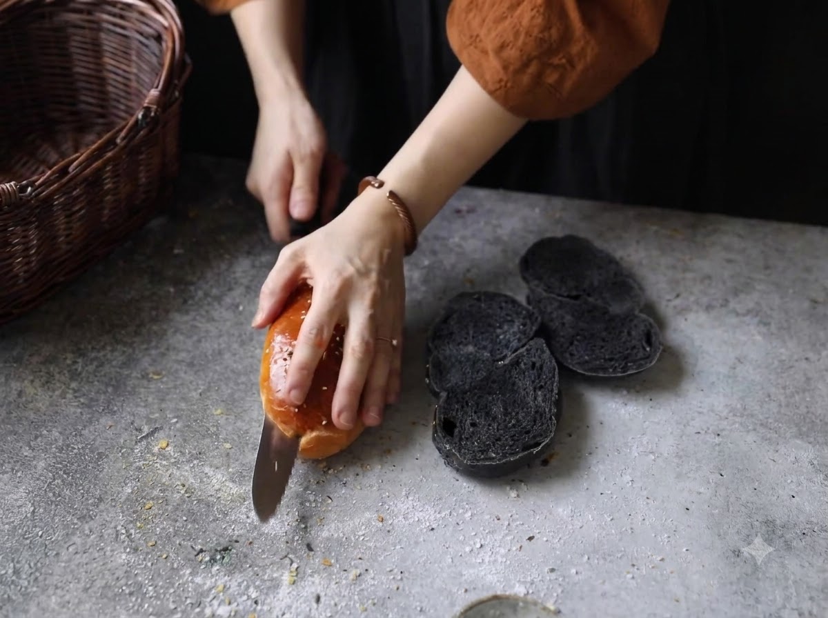Manos cortando un bolo de sésamo negro horneado a la mitad en una encimera gris al lado de otras mitades de bollo.