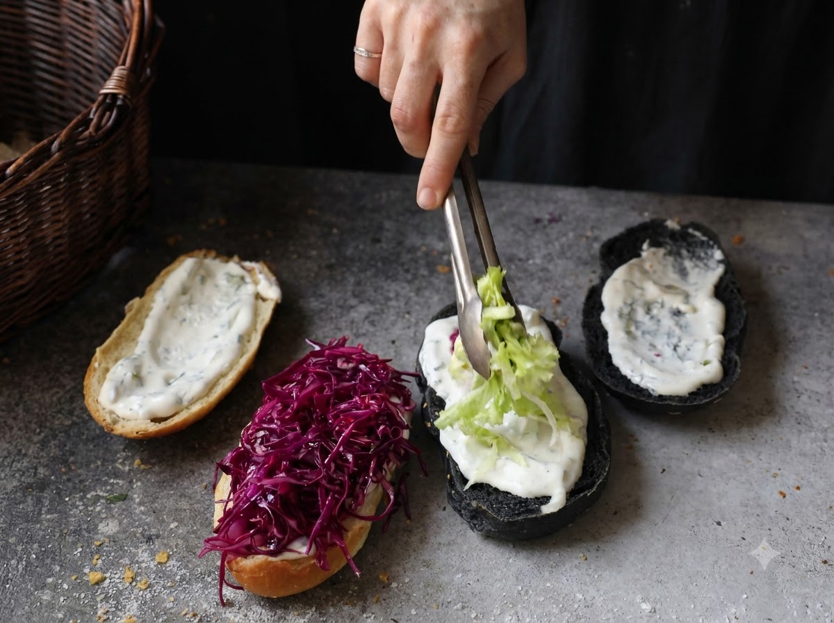 Pinzas colocando lechuga picada sobre la mitad de un bollo cubierto con salsa blanca, al lado de la otra mitad con col morada.