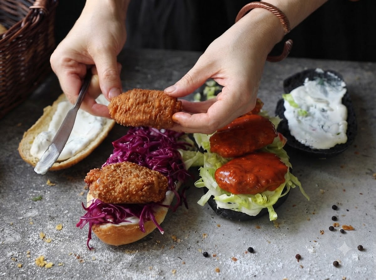 Manos colocando una porción de pollo cubierta con salsa buffalo sobre un sándwich cargado con col morada y lechuga.