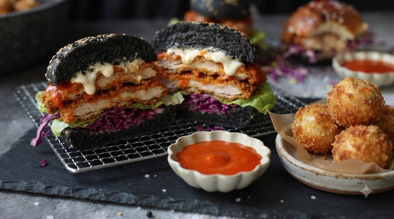 Sándwich Crujiente de Pollo Buffalo con Bolitas de Patata Rellenas de Queso