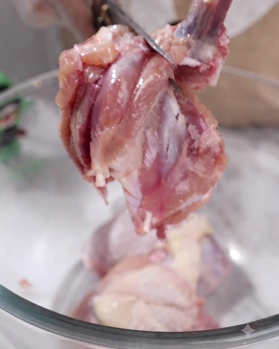 Manos con guantes usando tijeras de cocina para cortar el hueso de la carne de pollo cruda sobre un bol de vidrio.