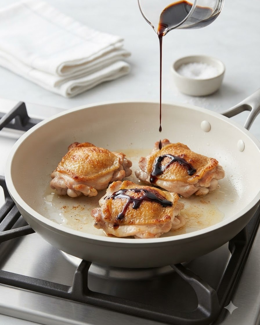 Salsa teriyaki oscura siendo vertida desde una pequeña jarra sobre las piezas de pollo en una sartén.