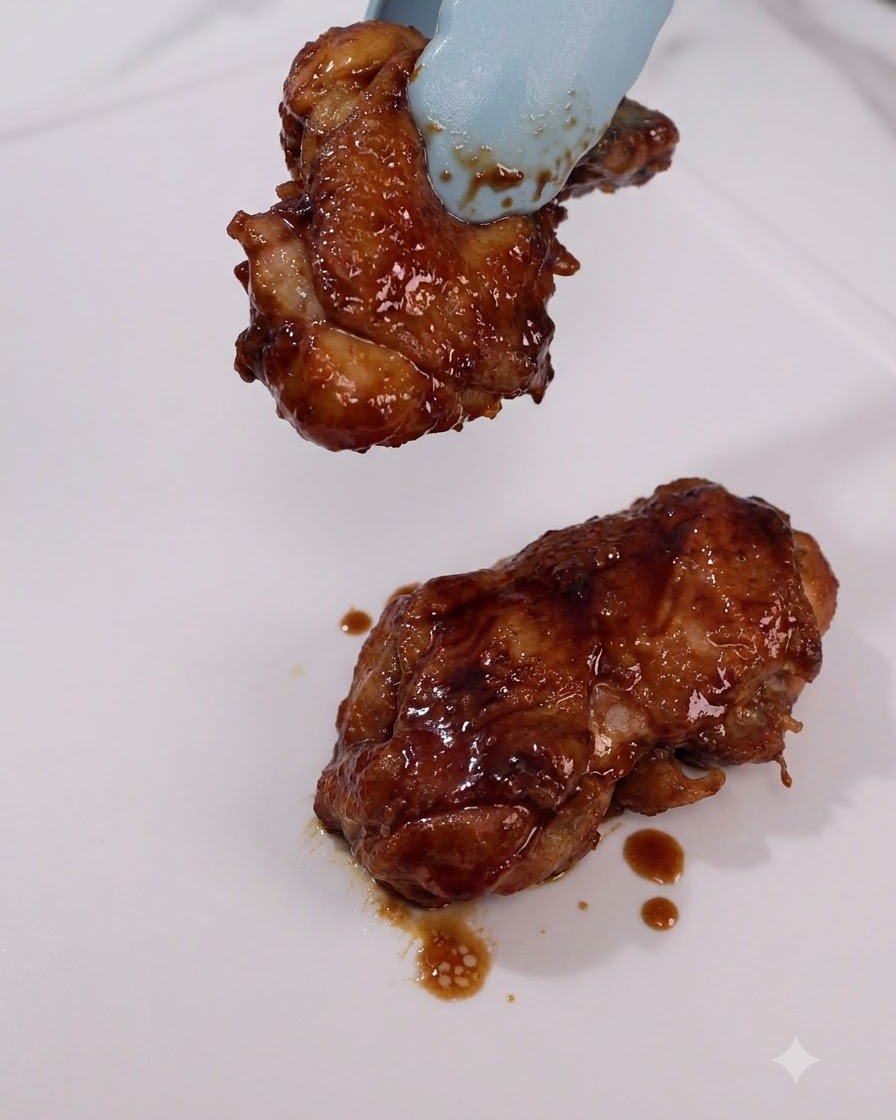 Muslos de pollo glaseados y cocidos siendo retirados de una sartén con pinzas hacia un plato blanco.