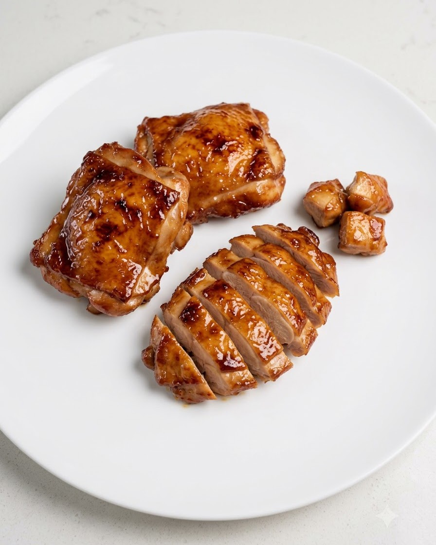 Muslos de pollo cocidos siendo cortados en rodajas limpias sobre un plato blanco con un cuchillo.