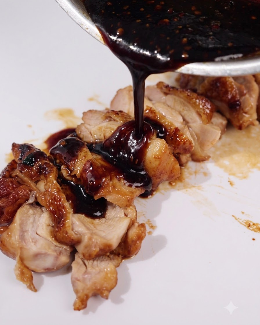 Salsa teriyaki oscura siendo vertida desde una sartén directamente sobre el pollo cortado en un plato blanco.
