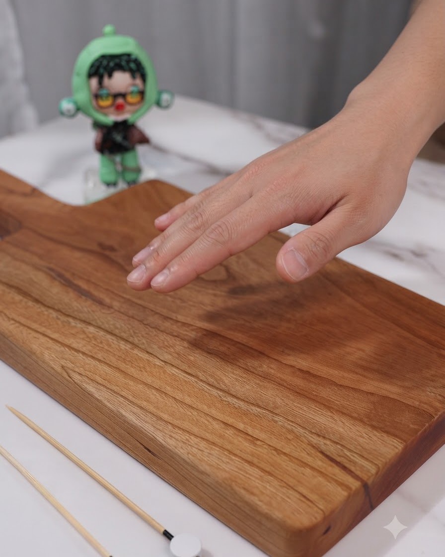 Una tabla de cortar de madera limpia configurada con brochetas de madera para armar un sándwich.