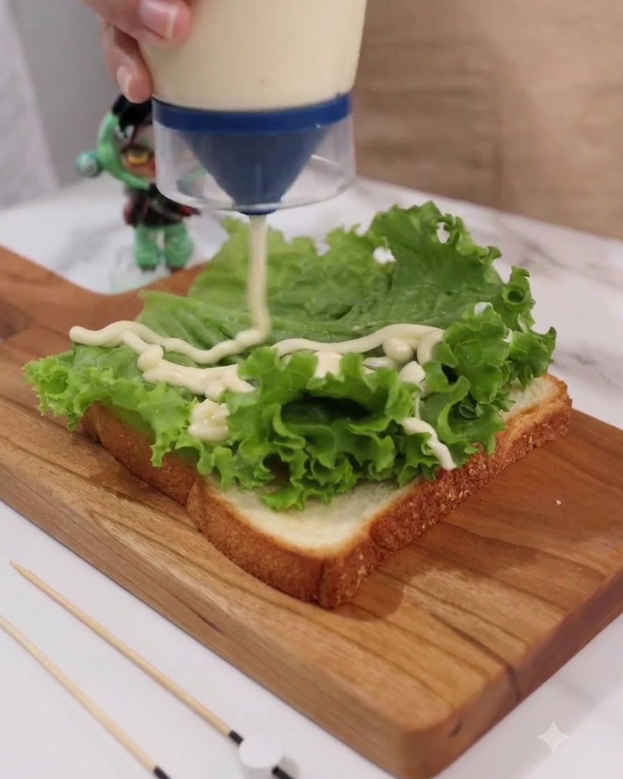 Mayonesa saliendo de un dispensador en línea de zigzag sobre la lechuga verde en una rebanada de pan tostado.