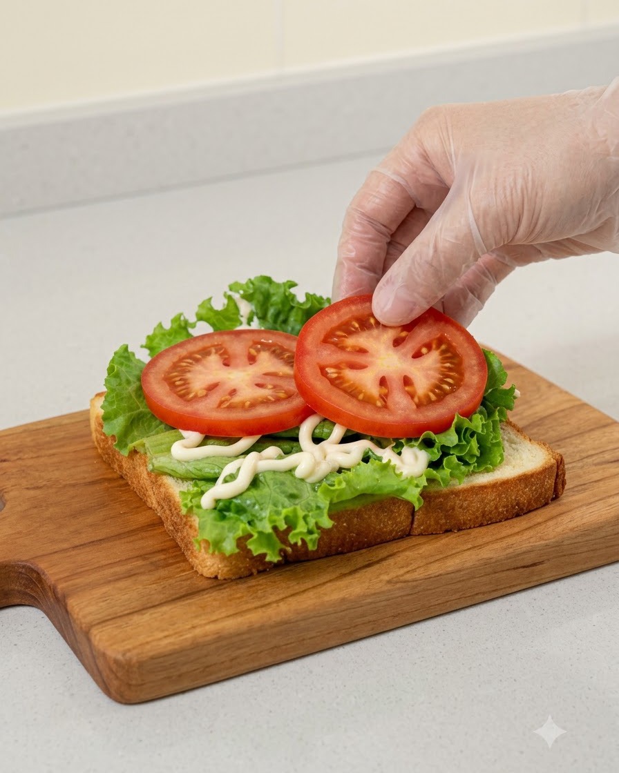 Mano con guante colocando dos rodajas redondas de tomate rojo sobre la capa de lechuga del sándwich.