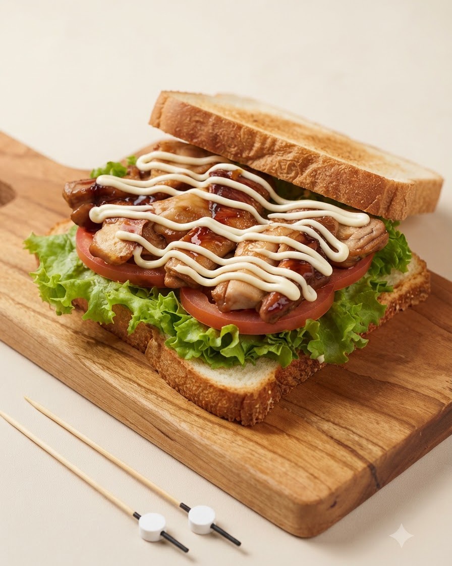 Un primer plano de una capa de sándwich de pollo que muestra un patrón de zigzag de mayonesa blanca rociada sobre pollo teriyaki glaseado.