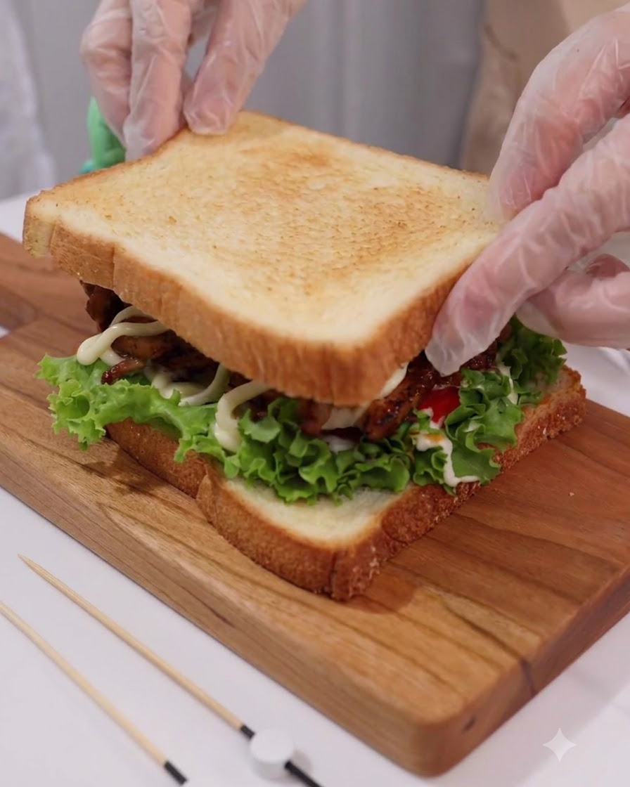 Manos con guantes transparentes colocando suavemente una rebanada de pan tostado dorado sobre el sándwich armado.
