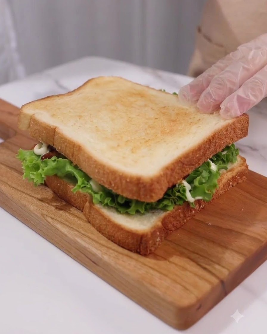 Dos palillos siendo introducidos en la capa superior de un sándwich tostado terminado sobre una tabla de madera.