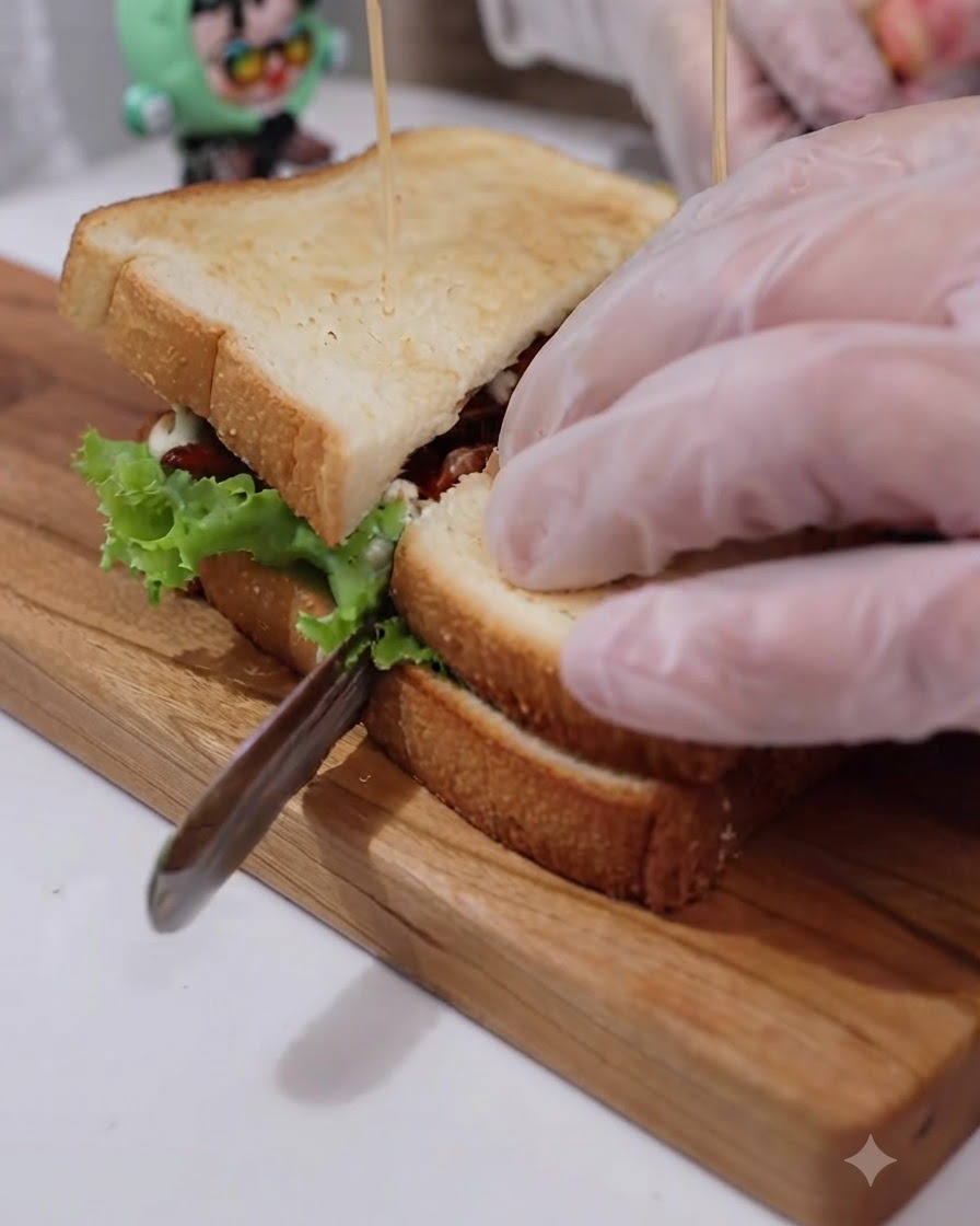 Un cuchillo cortando en diagonal a través de un sándwich recién hecho sobre una tabla de cortar de madera.