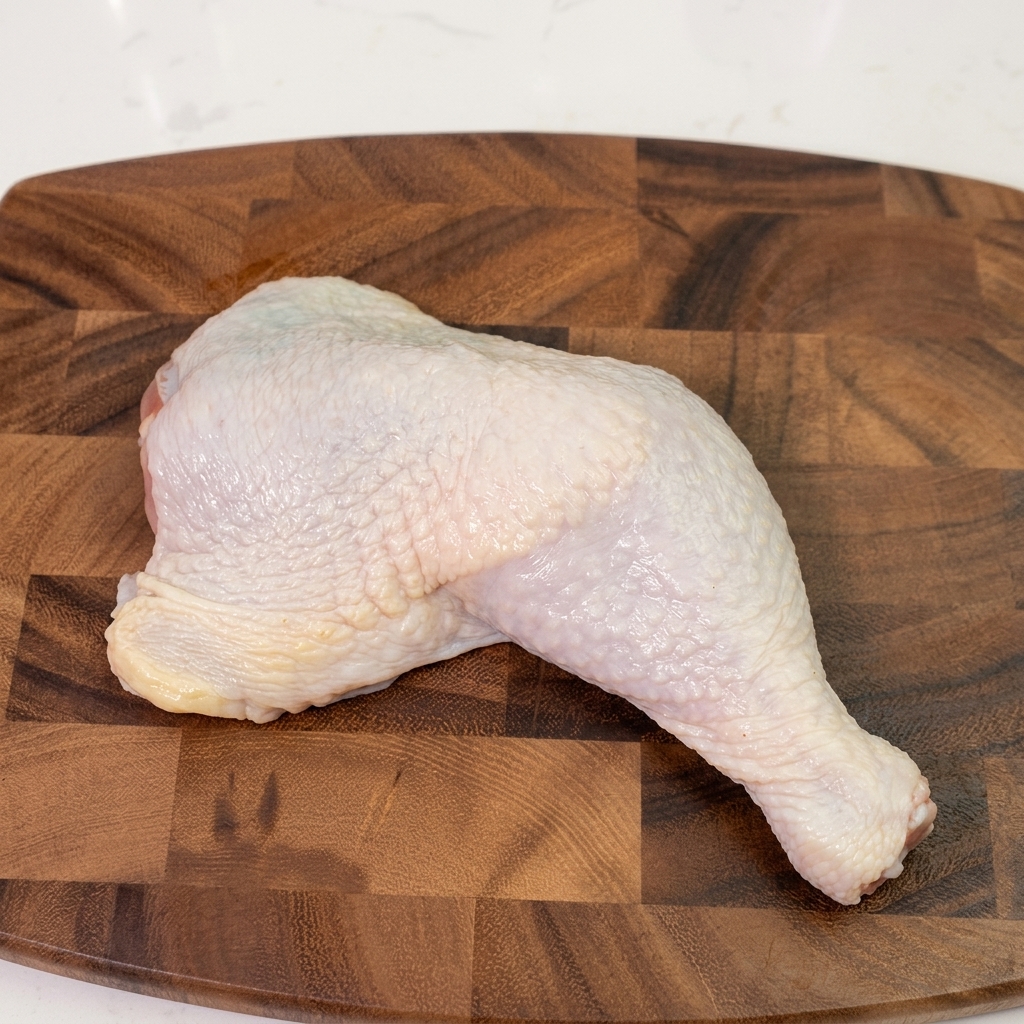 Muslo de pollo crudo siendo deshuesado con un cuchillo afilado sobre una tabla de cortar de madera.