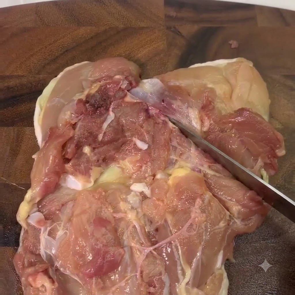 Primer plano de un muslo de pollo deshuesado al que se le hacen cortes con un cuchillo sobre una tabla de madera.