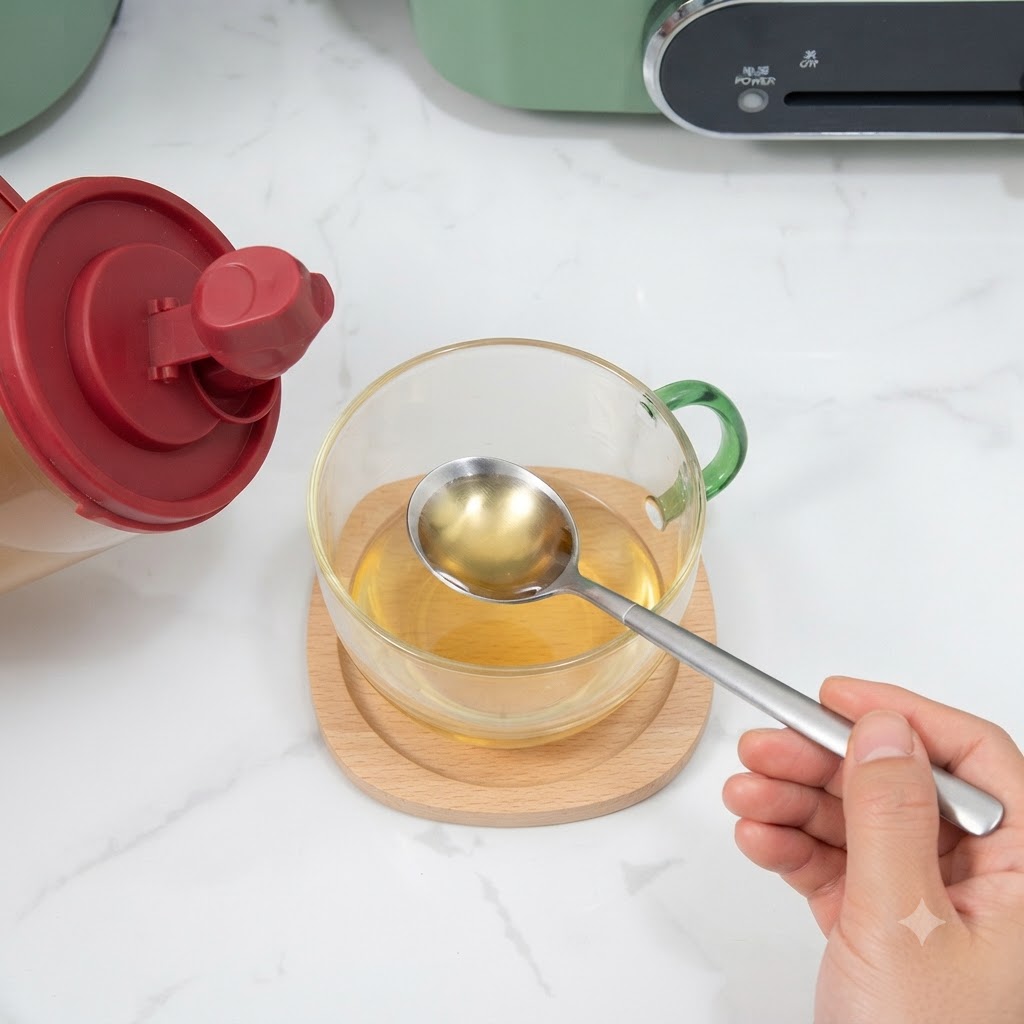 Una cuchara mezclando la salsa teriyaki secreta en un bol de cristal transparente sobre un posavasos de madera.