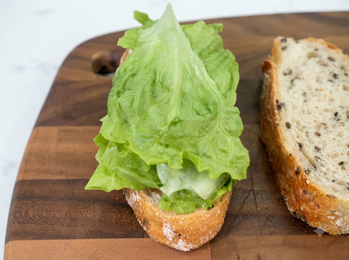 Hojas de lechuga fresca de color verde brillante dobladas cuidadosamente sobre una rebanada de pan con mostaza en una tabla de madera.