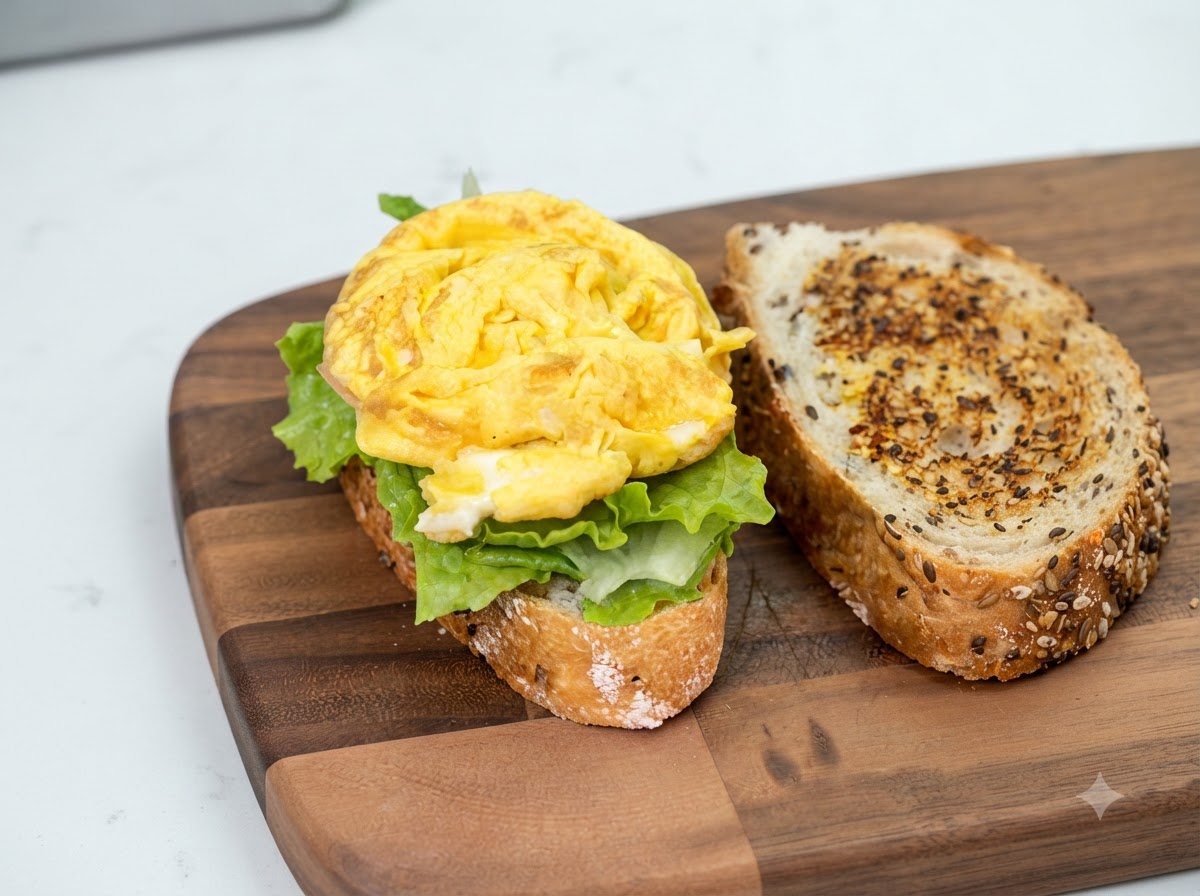 Un huevo frito amarillo recién hecho y ligeramente doblado sobre hojas de lechuga verde fresca en una rebanada de pan rústico.