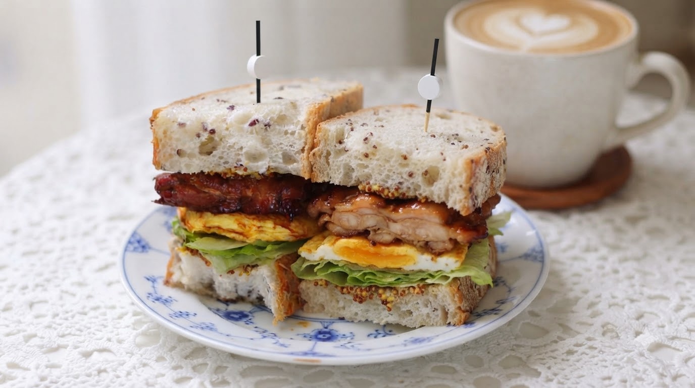 Sándwich de pollo teriyaki cortado por la mitad con capas de pollo glaseado, huevo frito y lechuga, servido en un plato estampado junto a un café con lechecite: 1.