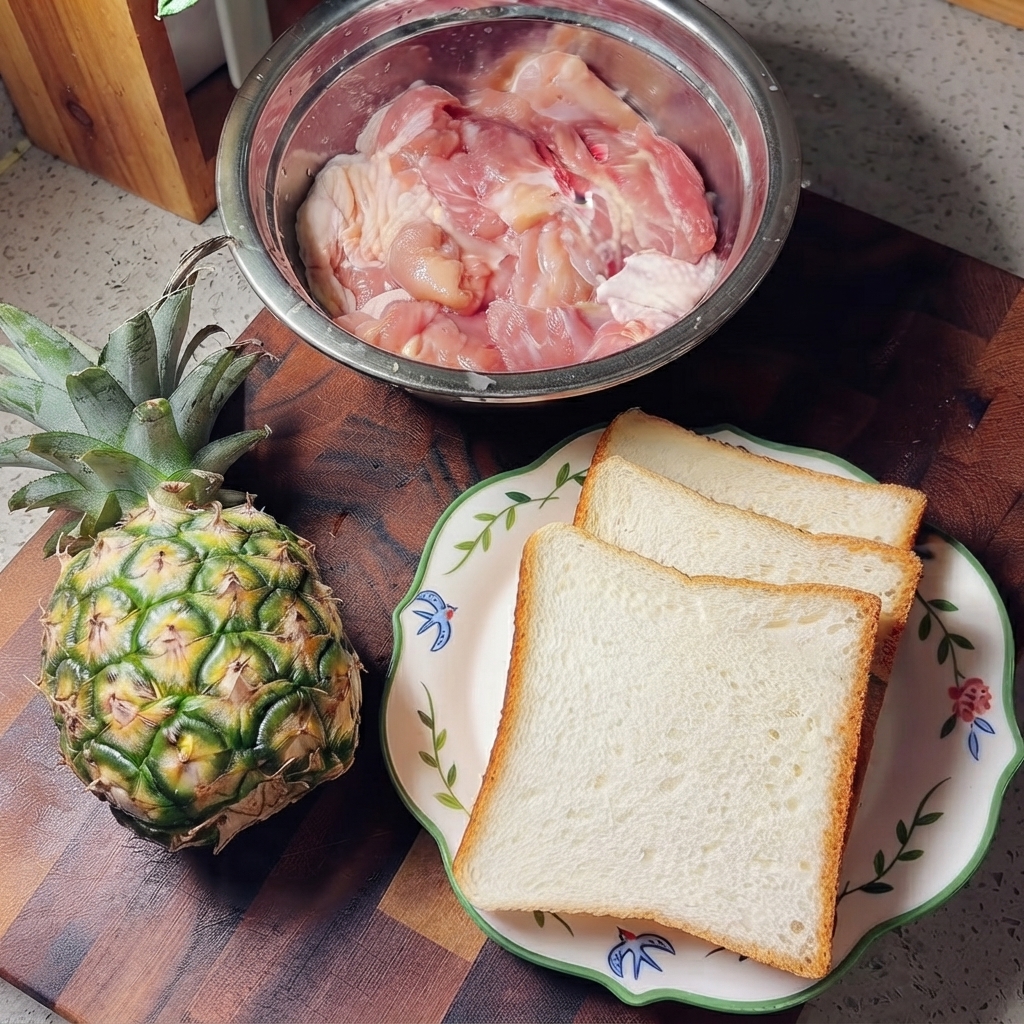 Muslos de pollo crudos en un tazón de acero inoxidable rodeados por una piña y un plato de pan blanco.