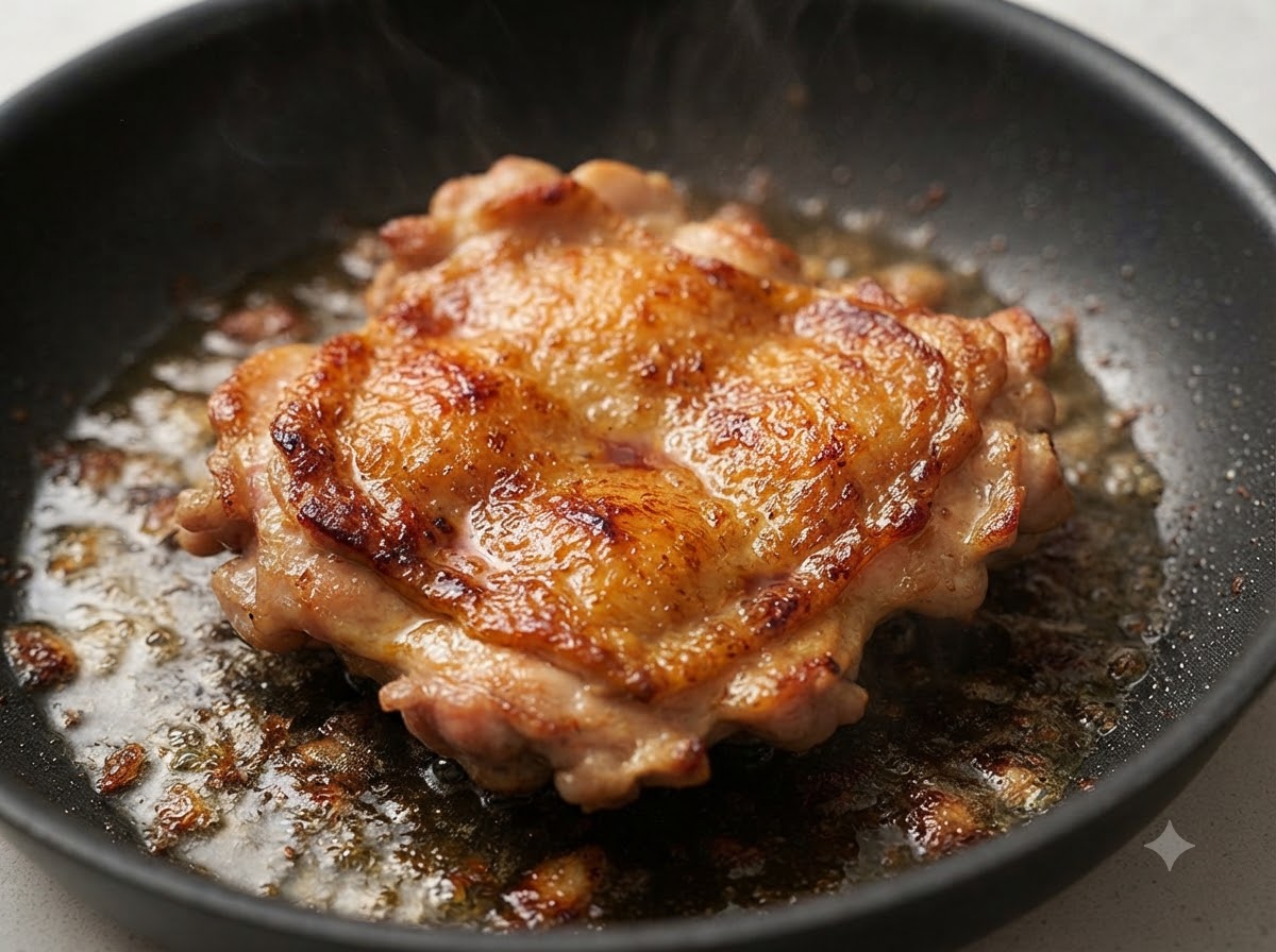 Un muslo de pollo dorado chisporroteando en una sartén con jugos de cocción y salsa marrón.