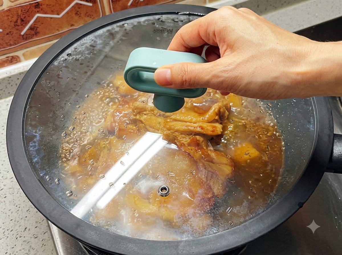 Una mano sosteniendo la tapa de vidrio de una sartén mientras el pollo hierve a fuego lento en una salsa marrón.
