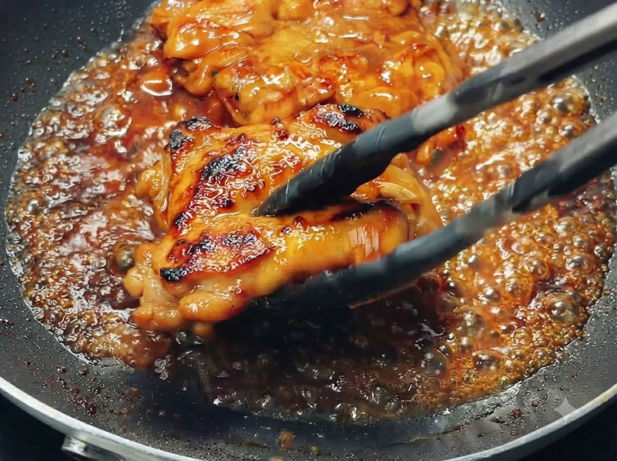 Pinzas volteando un muslo de pollo glaseado en una sartén llena de salsa teriyaki burbujeante.