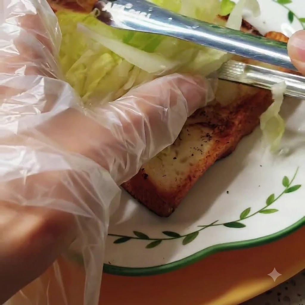 Un par de pinzas colocando lechuga fresca en tiras sobre una rebanada de pan tostado dorado.