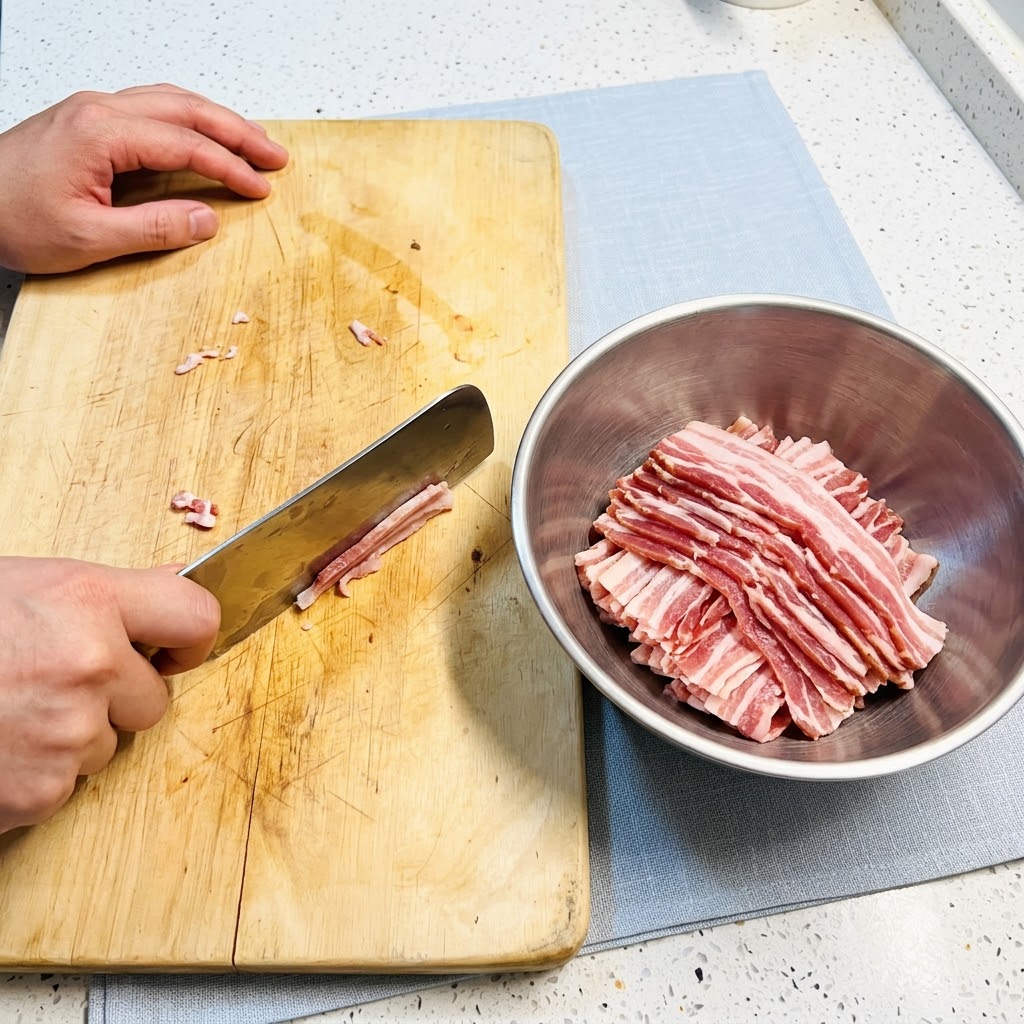 Lonchas de panceta de cerdo cortándose en una tabla de madera y colocándose en un bol metálico.