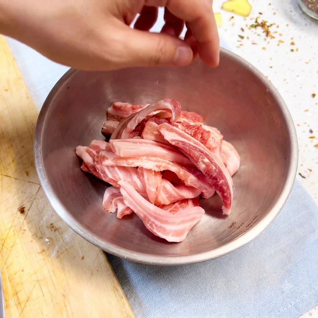Mano con guante mezclando trozos de panceta con condimentos y aromáticos en un bol de metal.