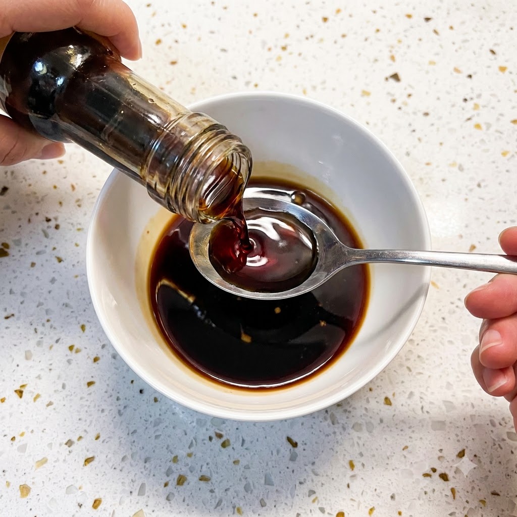 Condimento líquido vertiéndose desde una botella a un bol blanco con los demás ingredientes de la salsa.