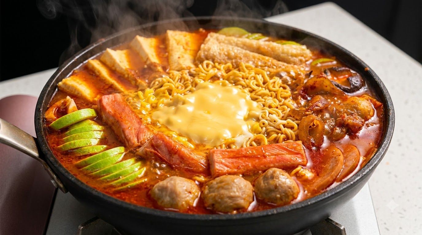 Cazuela humeante de budae jjigae con fideos ramen, queso fundido, spam, tofu y verduras en caldo picante.