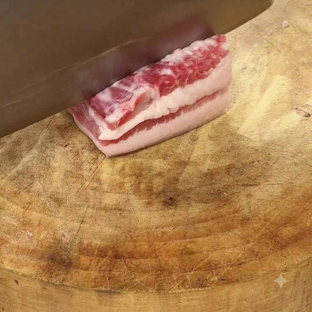 Un cuchillo afilado cortando una tira de panceta de cerdo cruda en porciones iguales sobre una tabla de cortar de madera desgastada.