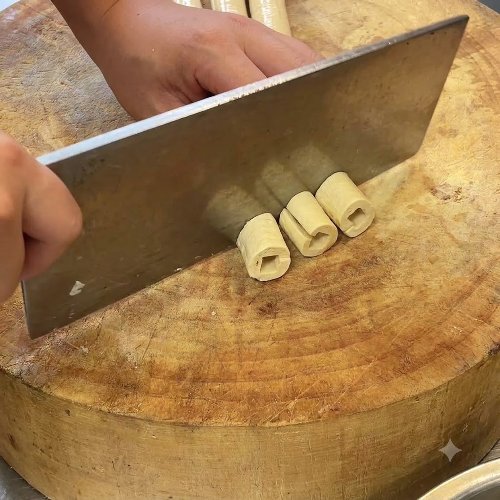 Un cuchillo de cocina cortando rollos cilíndricos de piel de tofu remojada en una tabla de cortar.