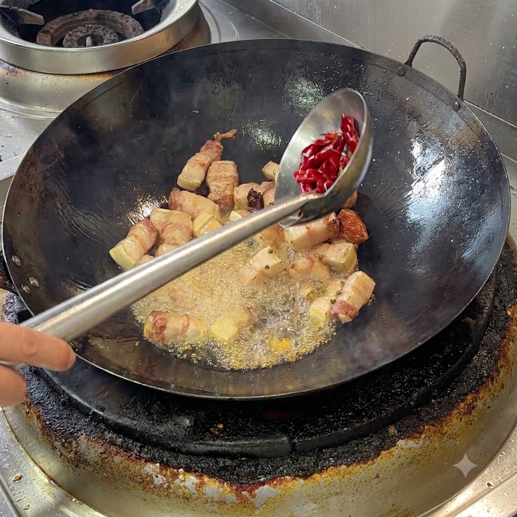Un cucharón agregando chiles secos de rojo brillante y pimienta de Sichuan en un wok con panceta de cerdo derretida.