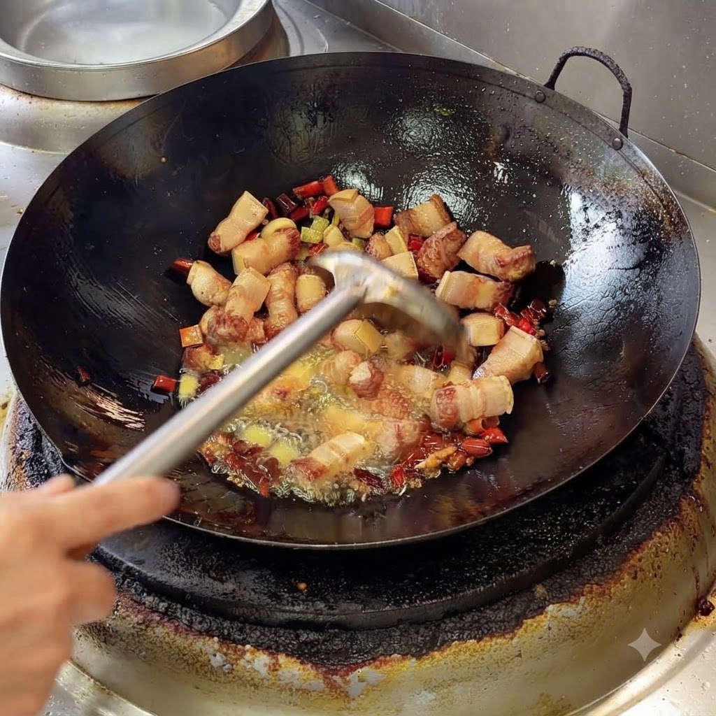 Un cucharón mezclando pasta de frijol y aromáticos en la mezcla chispeante de panceta de cerdo dentro de un wok.