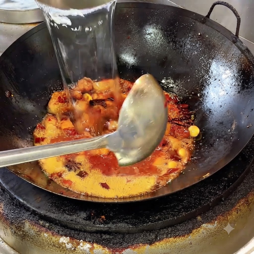 Caldo de cocina claro vertido desde un recipiente en un wok sazonado lleno de panceta de cerdo y especias.
