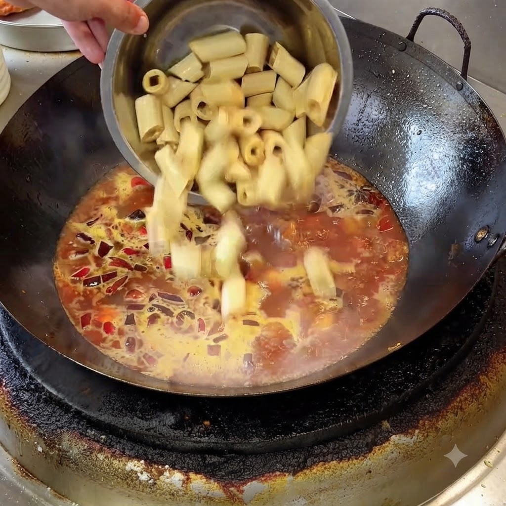 Rollos cilíndricos y picados de piel de tofu vertidos desde un tazón de acero en un caldo de estofado rojo burbujeante en un wok.