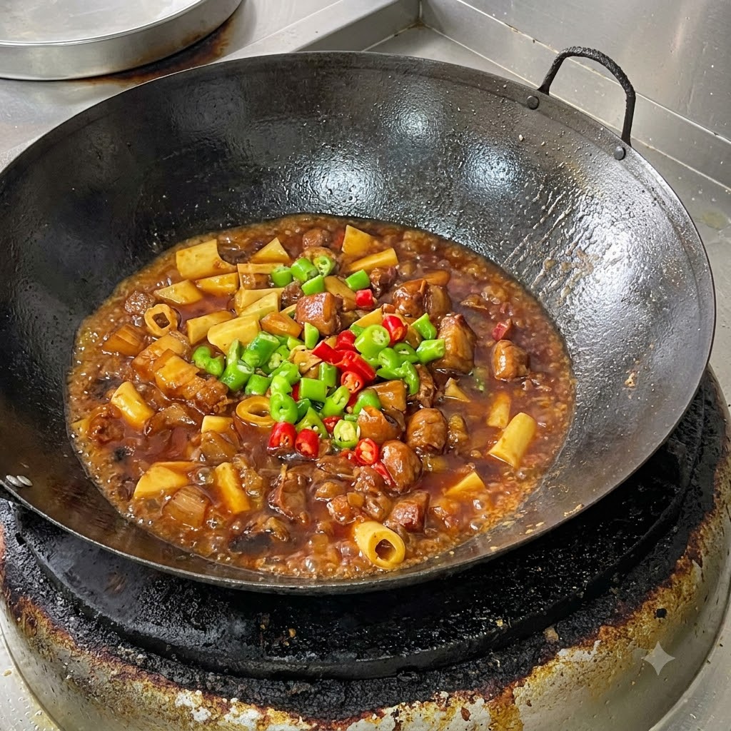 Un primer plano de un plato de panceta de cerdo estofada y piel de tofu en un wok, cubierto con pimientos mijo verdes y rojos picados recién agregados.