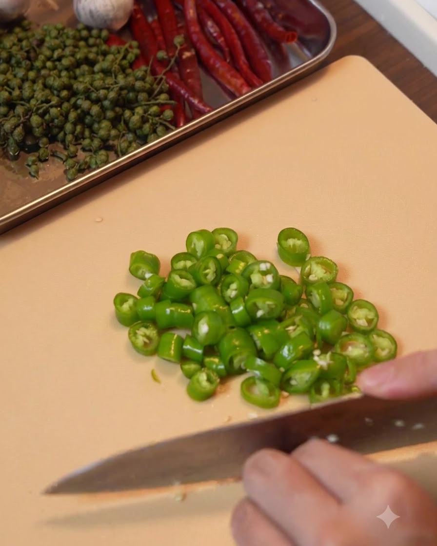 Chiles rojos secos enjuagándose en un colador de metal.