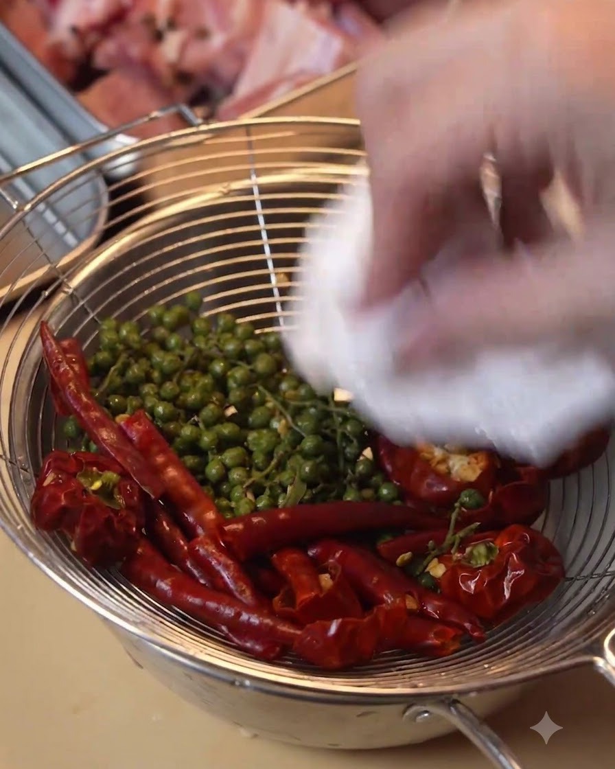 Dientes de ajo presionándose hacia abajo con una herramienta de cocina manual.