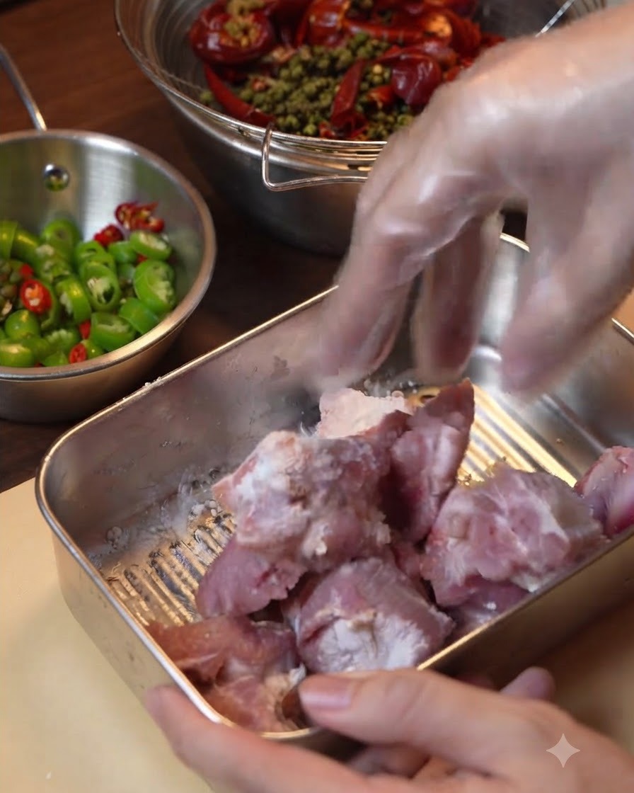 Trozos de costillas de cerdo fritndose en un wok lleno de aceite caliente.