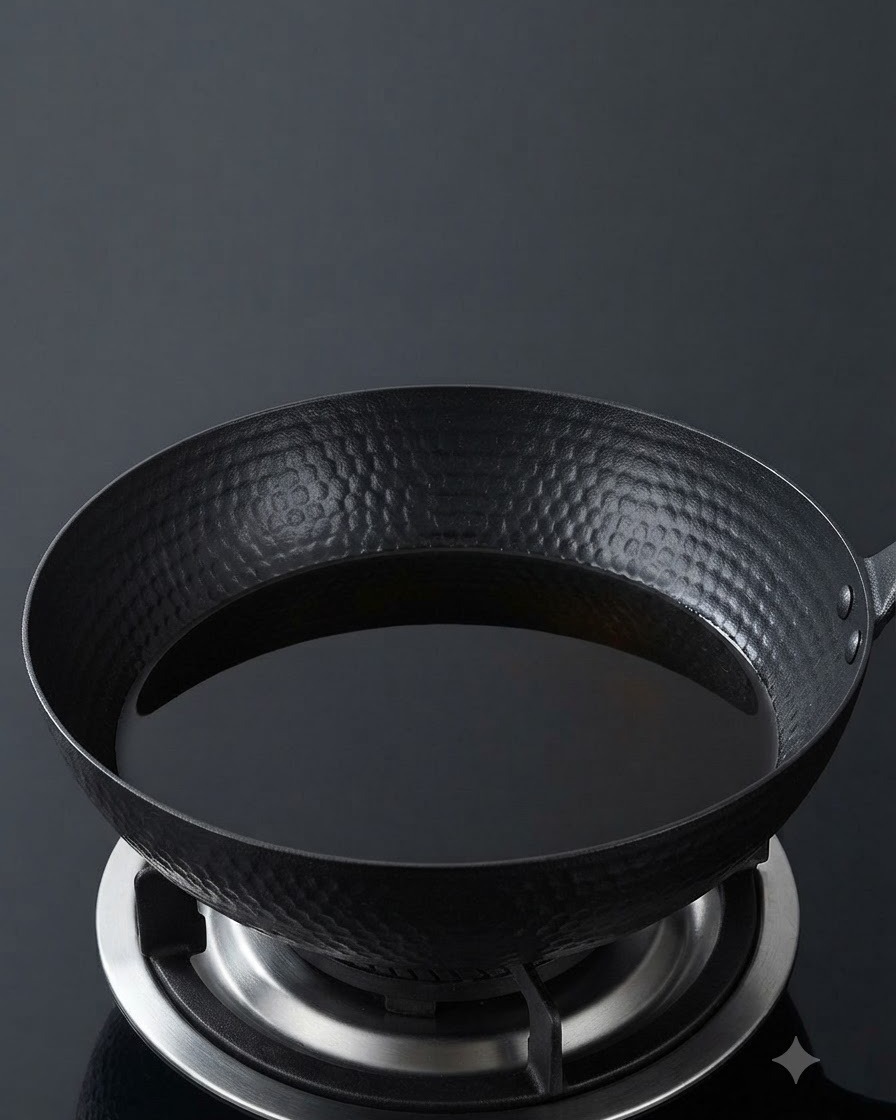Un wok negro lleno de aceite caliente para freír sobre una estufa de inducción.